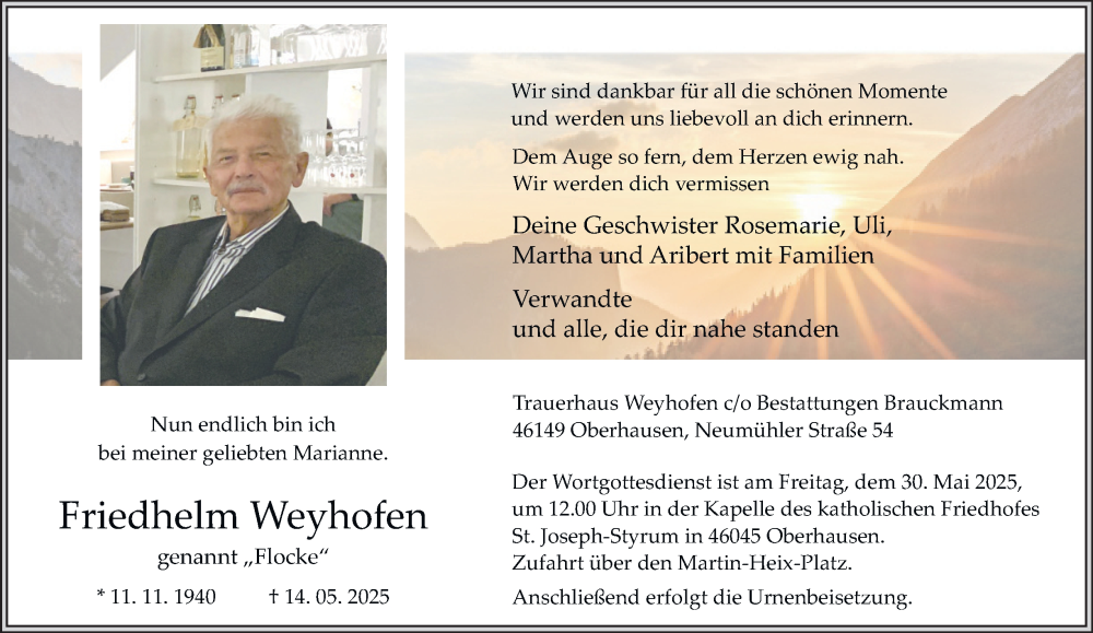  Traueranzeige für Friedhelm Weyhofen vom 24.05.2025 aus Tageszeitung