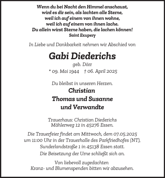 Traueranzeige von Gabi Diederichs von Tageszeitung