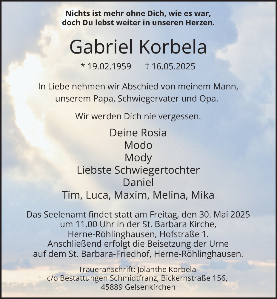  Traueranzeige für Gabriel Korbela vom 24.05.2025 aus Tageszeitung