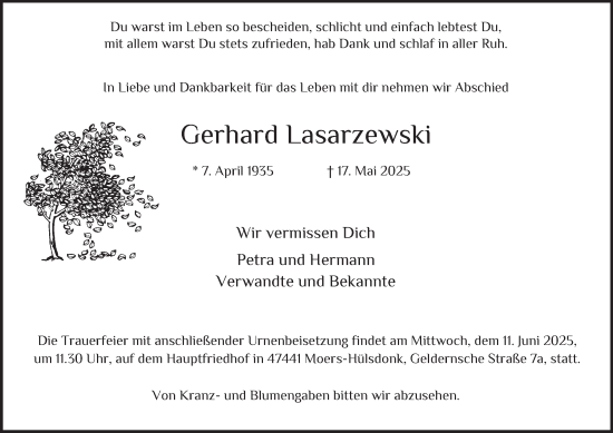 Traueranzeige von Gerhard Lasarzewski von Tageszeitung