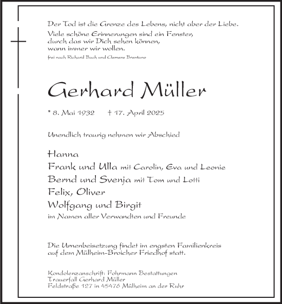Traueranzeige von Gerhard Müller von Tageszeitung