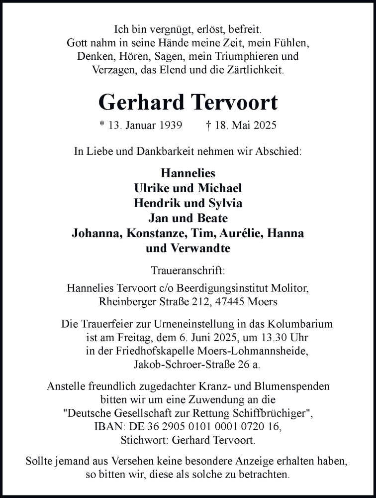 Traueranzeige für Gerhard Tervoort vom 31.05.2025 aus Tageszeitung