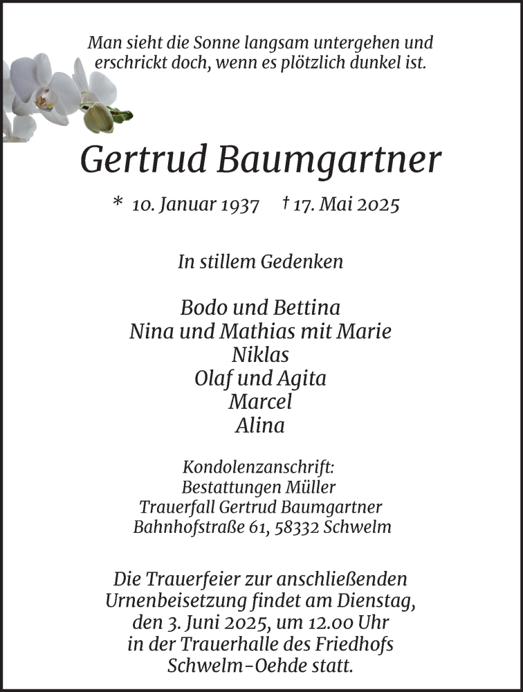  Traueranzeige für Gertrud Baumgartner vom 31.05.2025 aus Tageszeitung