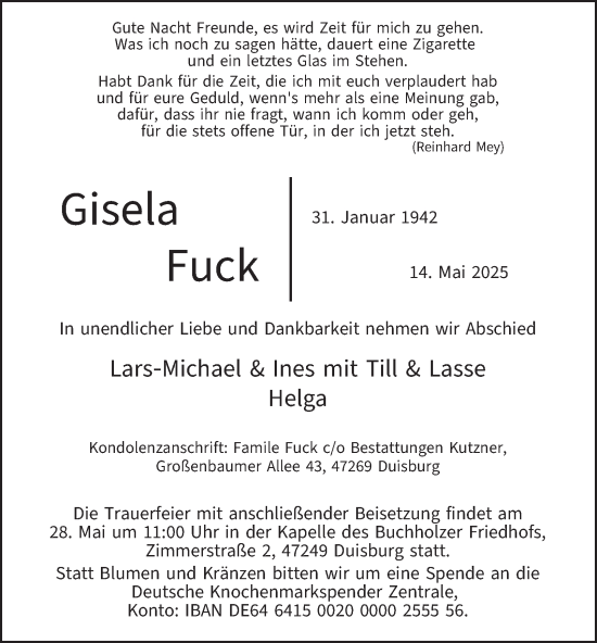 Traueranzeige von Gisela Fuck von Tageszeitung