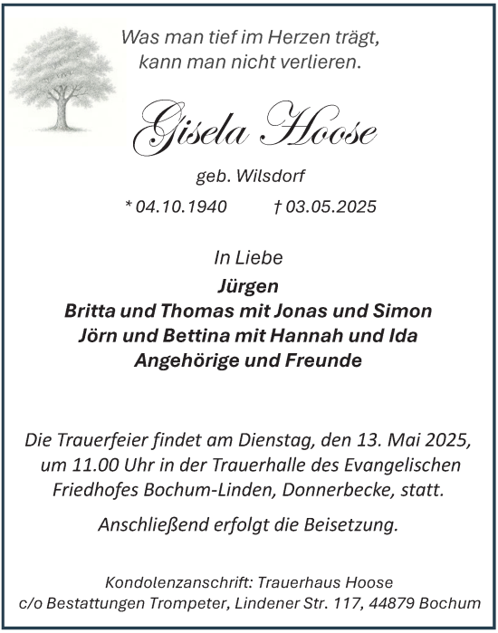 Traueranzeige von Gisela Hoose von Tageszeitung