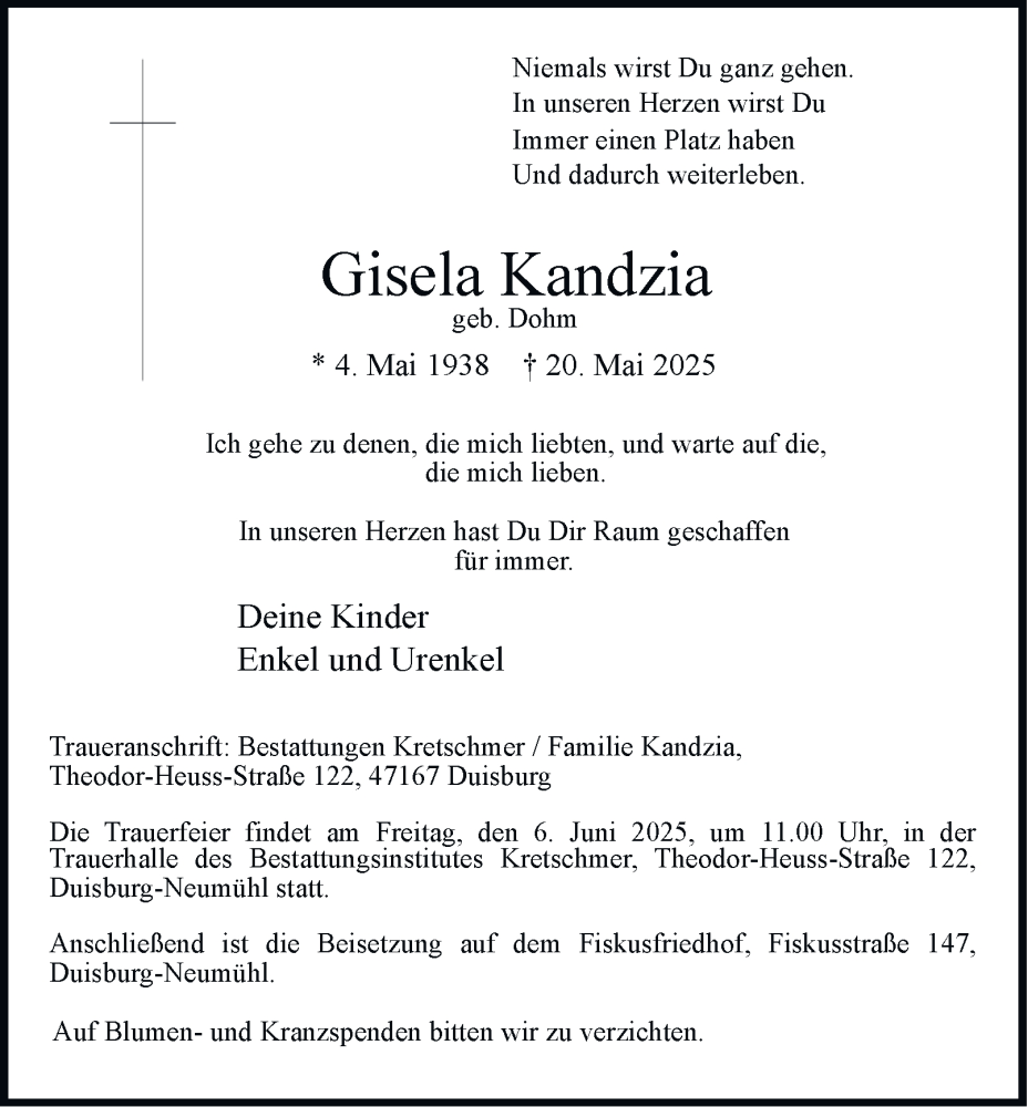  Traueranzeige für Gisela Kandzia vom 31.05.2025 aus Tageszeitung