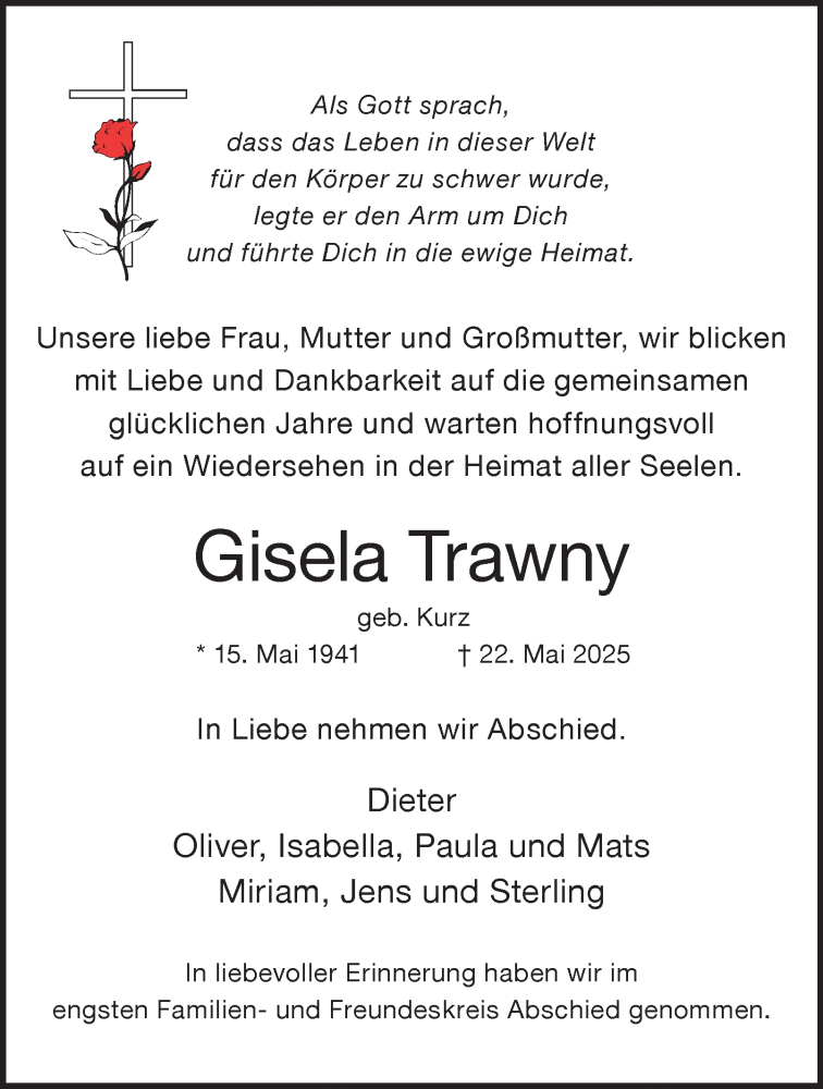  Traueranzeige für Gisela Trawny vom 31.05.2025 aus Tageszeitung