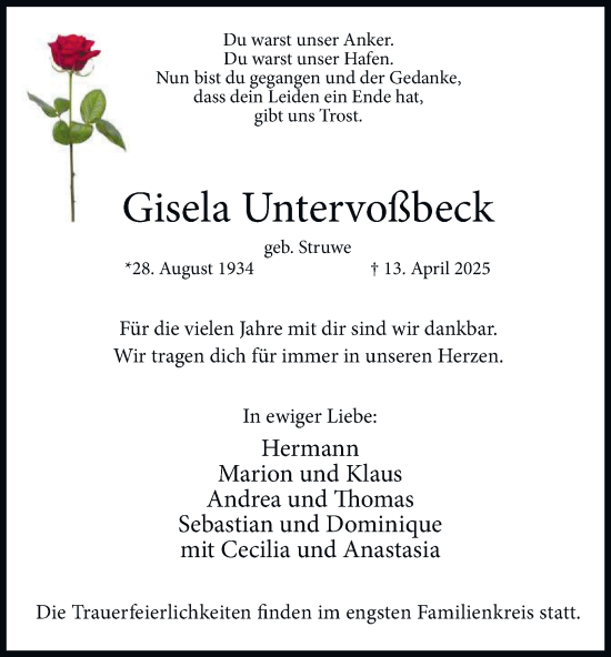 Traueranzeige von Gisela Untervoßbeck von Tageszeitung