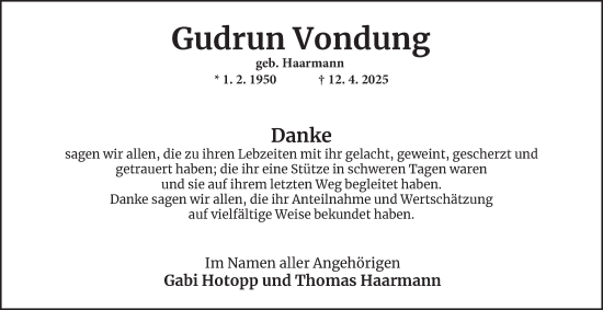 Traueranzeige von Gudrun Vondung von Tageszeitung
