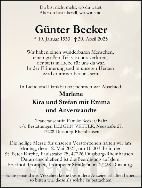 Traueranzeige von Günter Becker von Tageszeitung