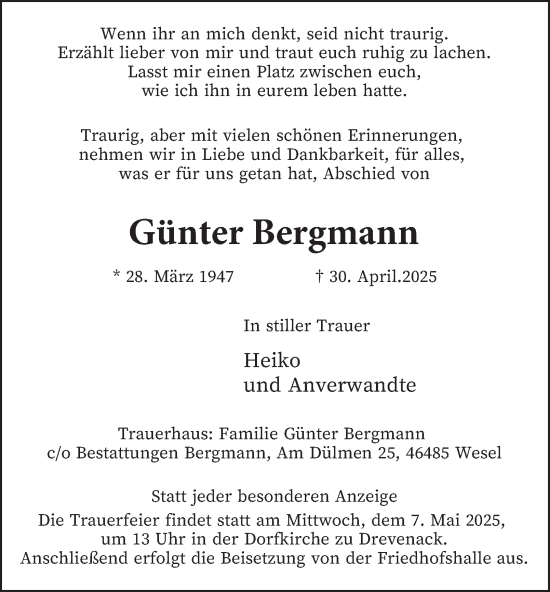 Traueranzeige von Günter Bergmann von Tageszeitung
