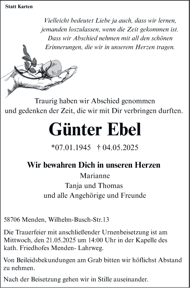 Traueranzeige für Günter Ebel vom 10.05.2025 aus Tageszeitung
