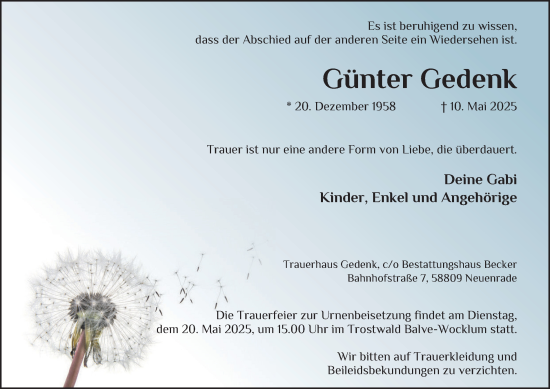 Traueranzeige von Günter Gedenk von Tageszeitung