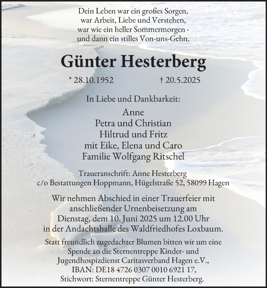  Traueranzeige für Günter Hesterberg vom 31.05.2025 aus Tageszeitung