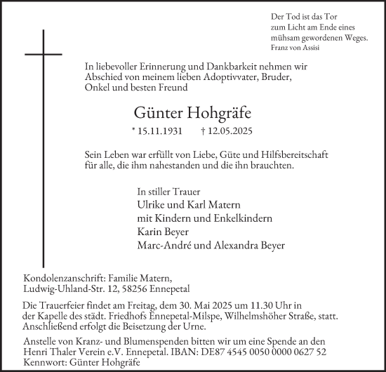 Traueranzeige von Günter Hohgräfe von Tageszeitung