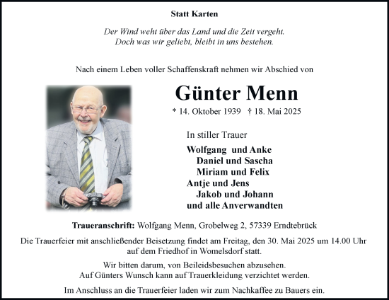 Traueranzeige von Günter Menn von Tageszeitung