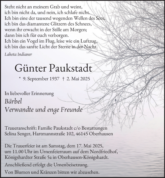 Traueranzeige von Günter Paukstadt von Tageszeitung