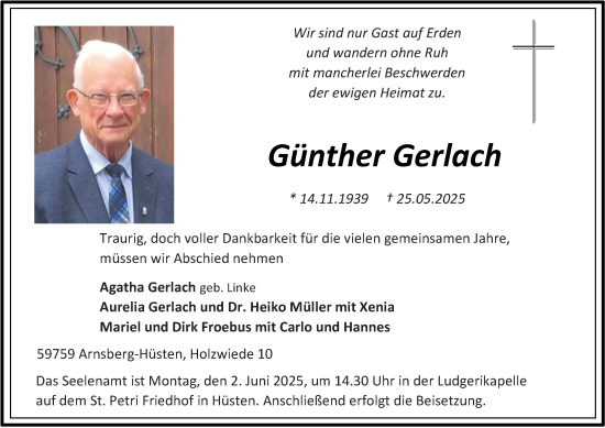 Traueranzeige von Günther Gerlach von Tageszeitung
