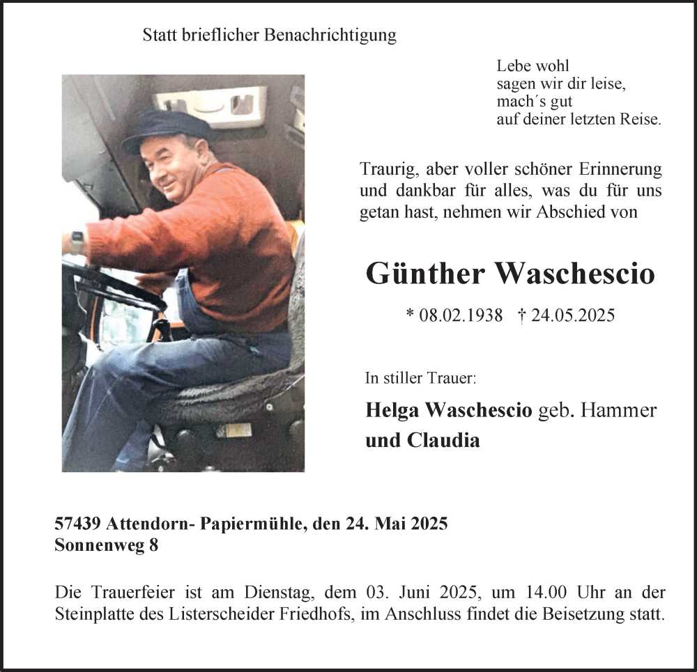 Traueranzeige für Günther Waschescio vom 31.05.2025 aus Tageszeitung
