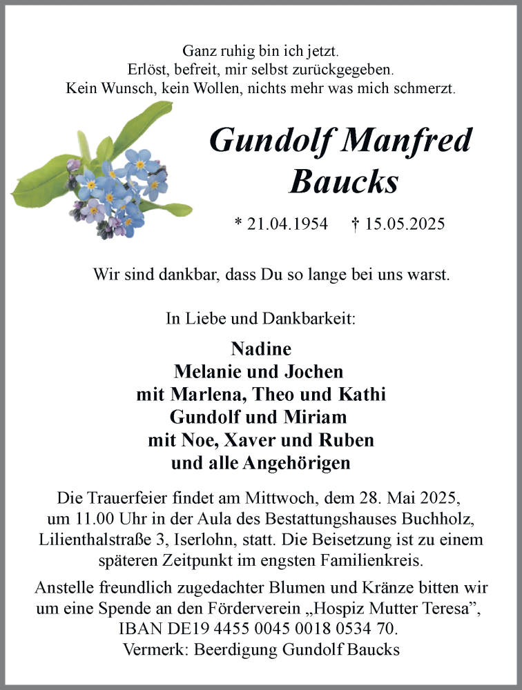  Traueranzeige für Gundolf Manfred Baucks vom 24.05.2025 aus Tageszeitung