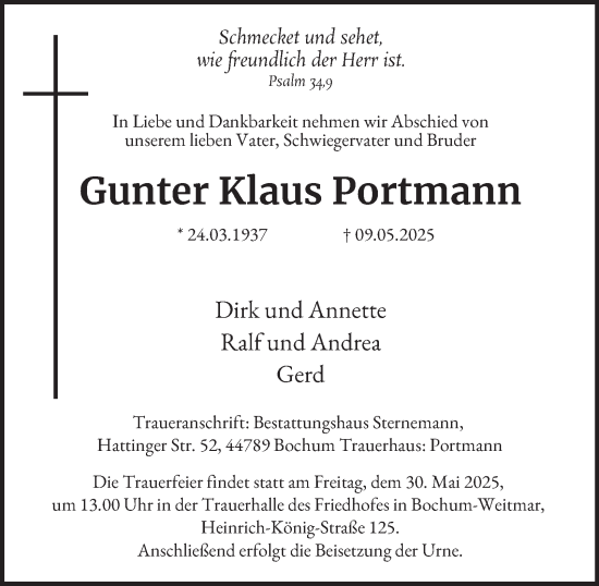 Traueranzeige von Gunter Klaus Portmann von Tageszeitung