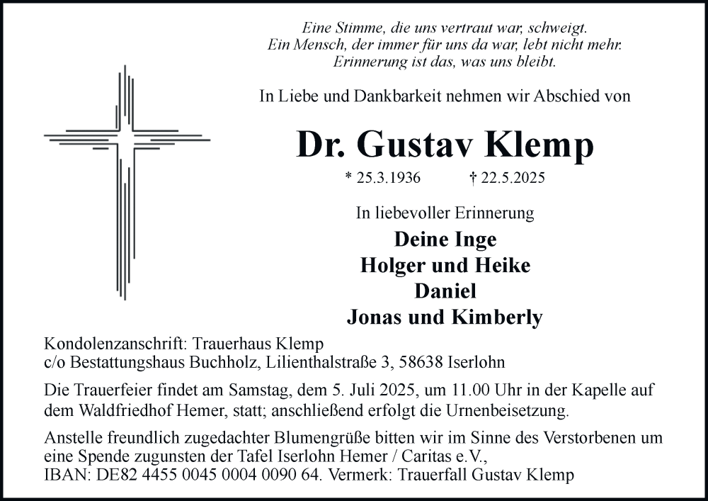  Traueranzeige für Gustav Klemp vom 31.05.2025 aus Tageszeitung