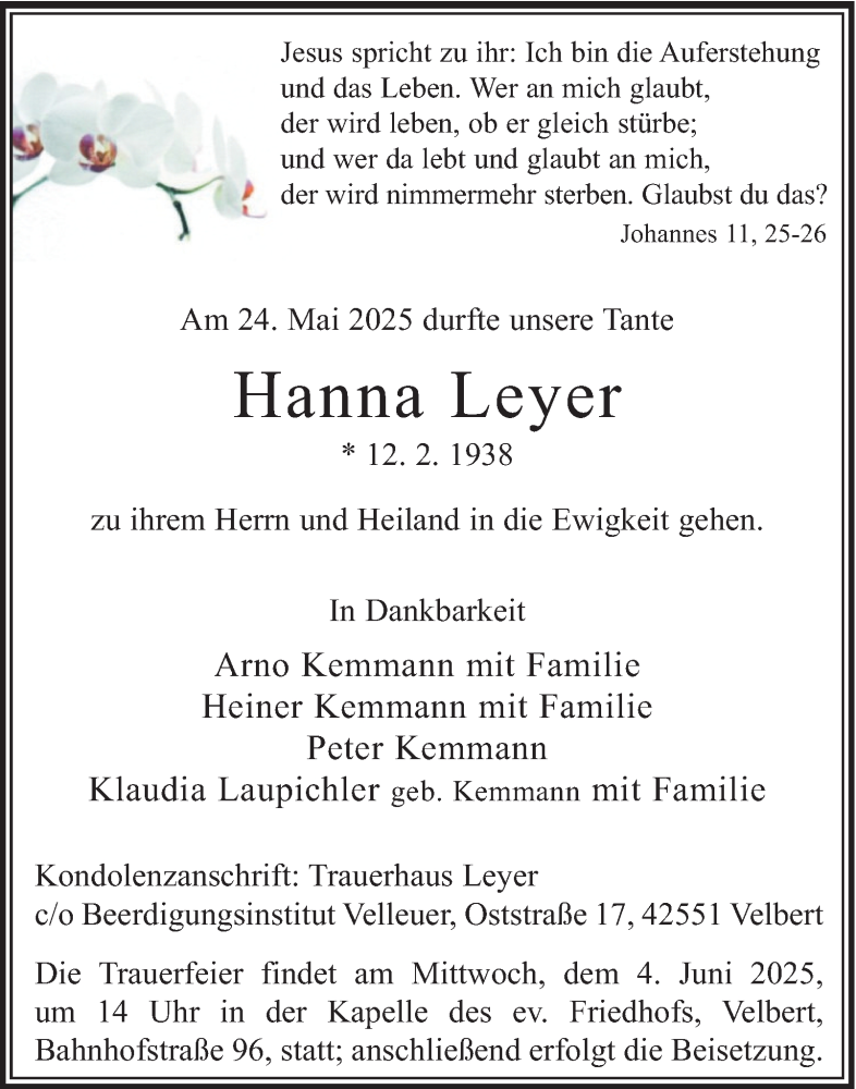  Traueranzeige für Hanna Leyer vom 31.05.2025 aus Tageszeitung