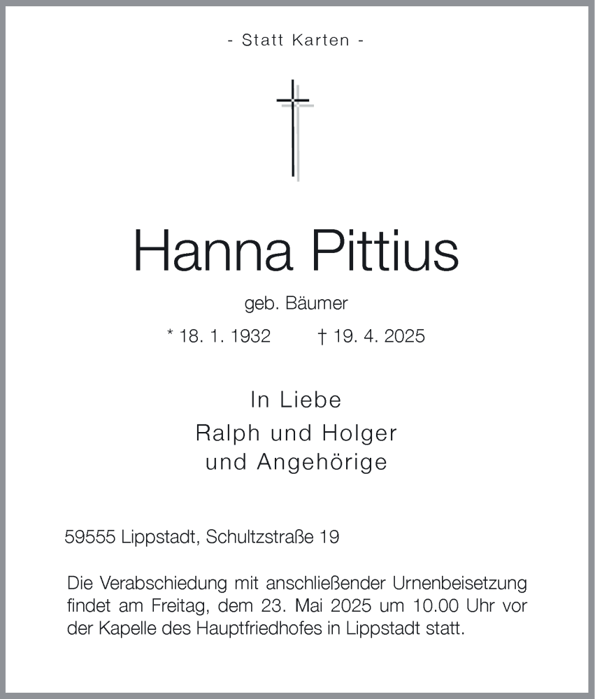  Traueranzeige für Hanna Pittius vom 17.05.2025 aus Tageszeitung