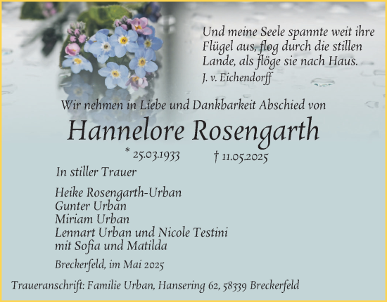 Traueranzeige von Hannelore Rosengarth von Tageszeitung