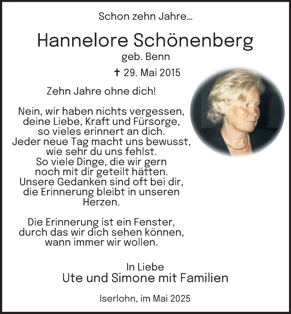  Traueranzeige für Hannelore Schönenberg vom 31.05.2025 aus Tageszeitung