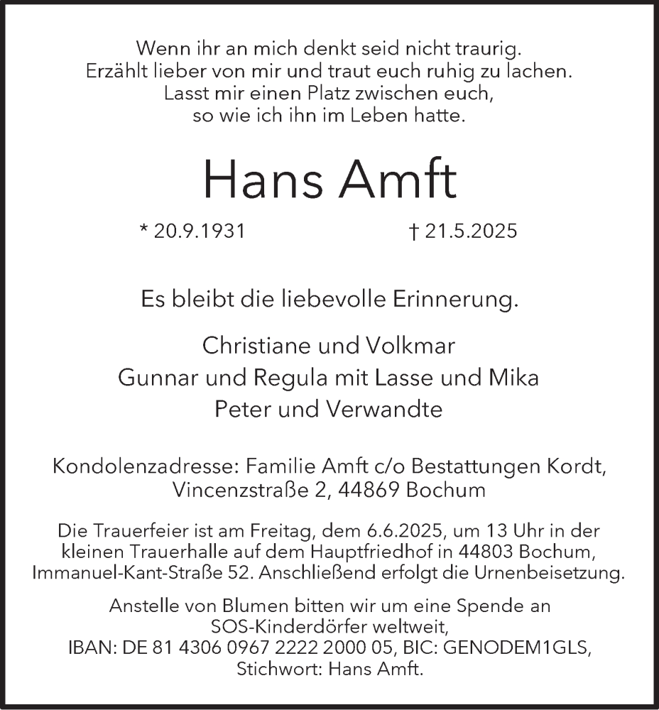  Traueranzeige für Hans Amft vom 31.05.2025 aus Tageszeitung