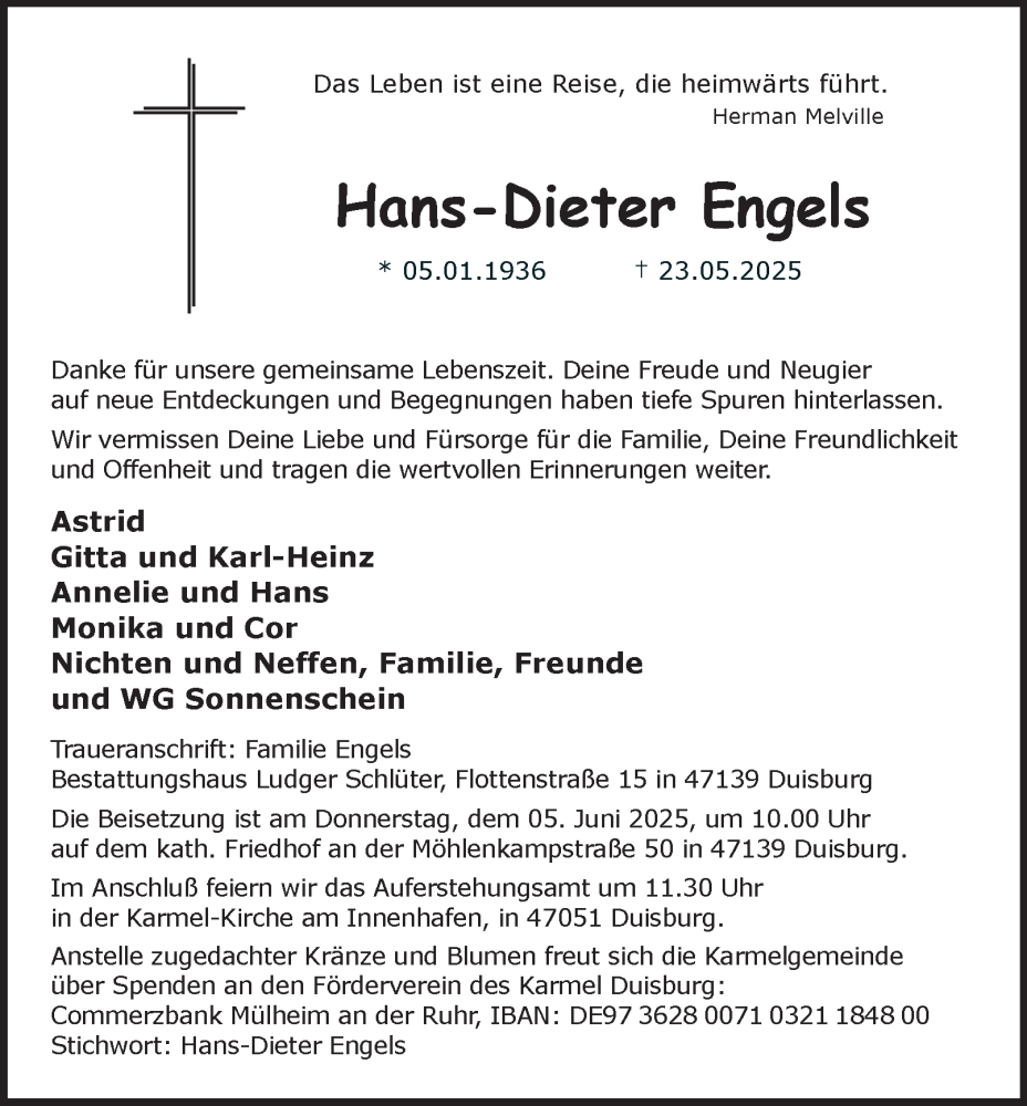  Traueranzeige für Hans-Dieter Engels vom 31.05.2025 aus Tageszeitung