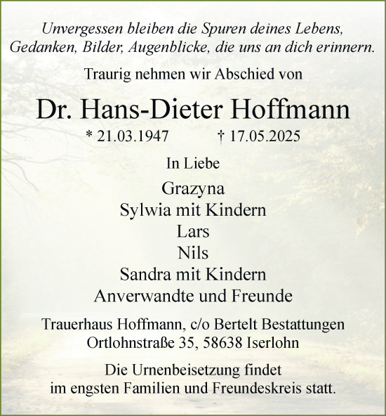 Traueranzeige von Hans-Dieter Hoffmann von Tageszeitung