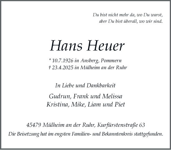Traueranzeige von Hans Heuer von Tageszeitung