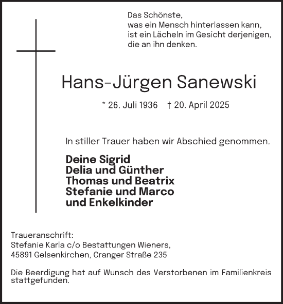 Traueranzeige von Hans-Jürgen Sanewski von Tageszeitung