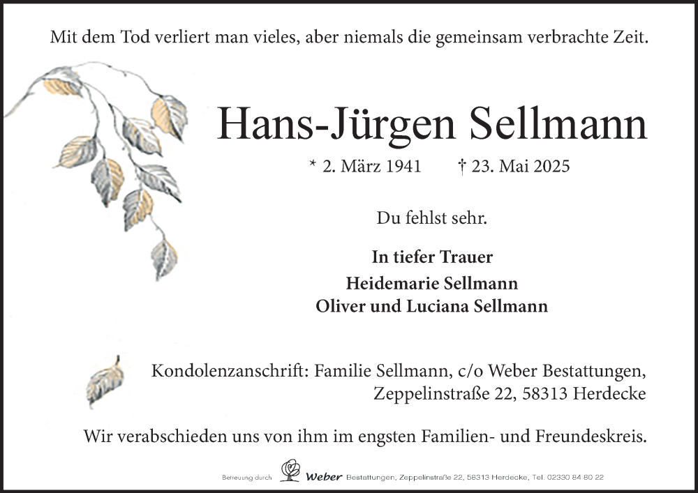  Traueranzeige für Hans-Jürgen Sellmann vom 31.05.2025 aus Tageszeitung