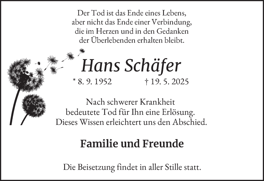  Traueranzeige für Hans Schäfer vom 31.05.2025 aus Tageszeitung