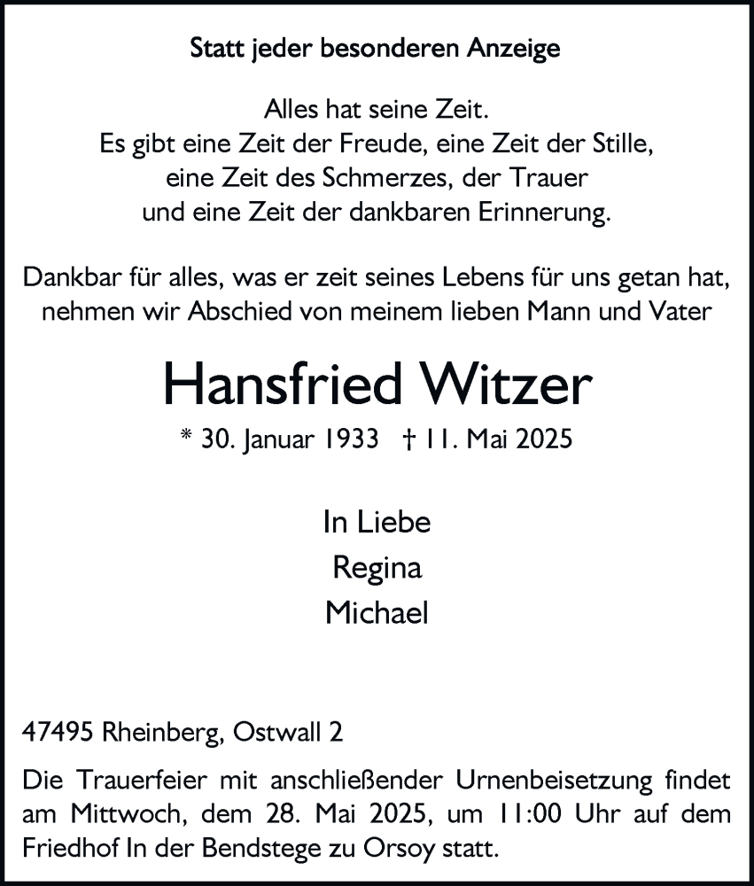  Traueranzeige für Hansfried Witzer vom 24.05.2025 aus Tageszeitung