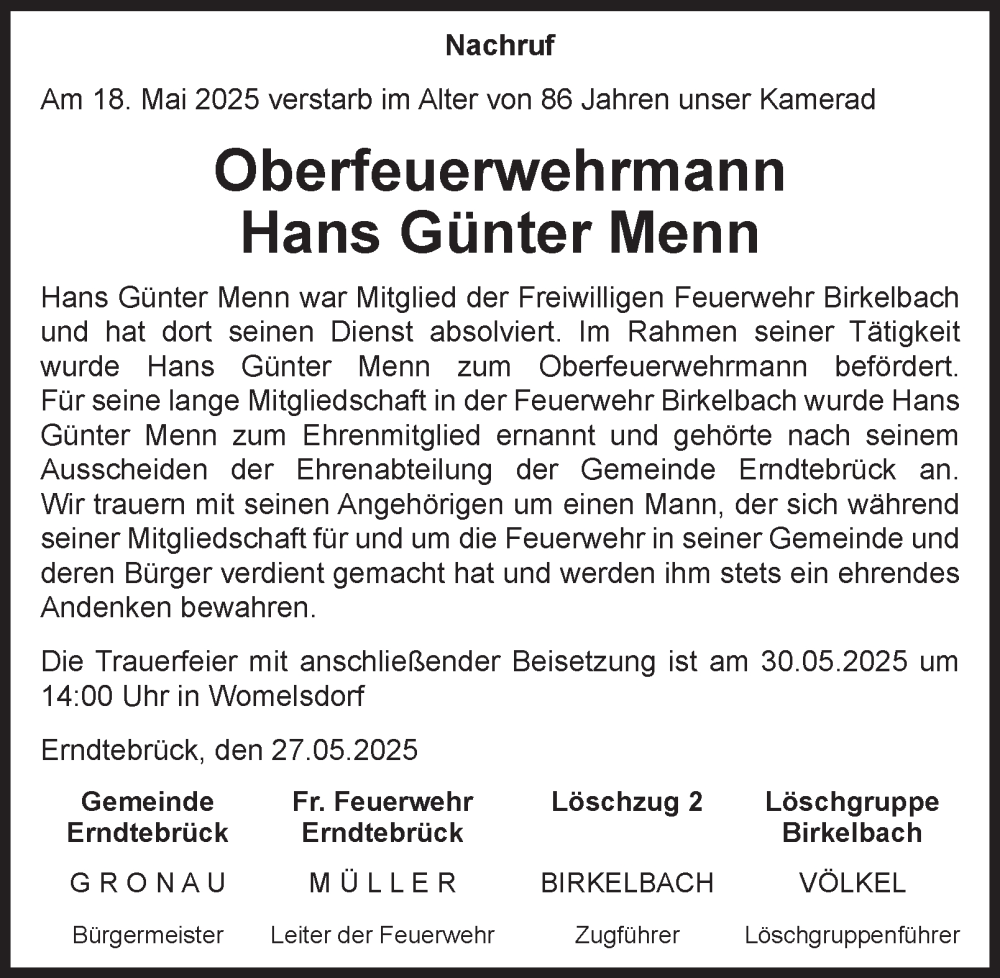  Traueranzeige für Hans Günter Menn vom 30.05.2025 aus Tageszeitung