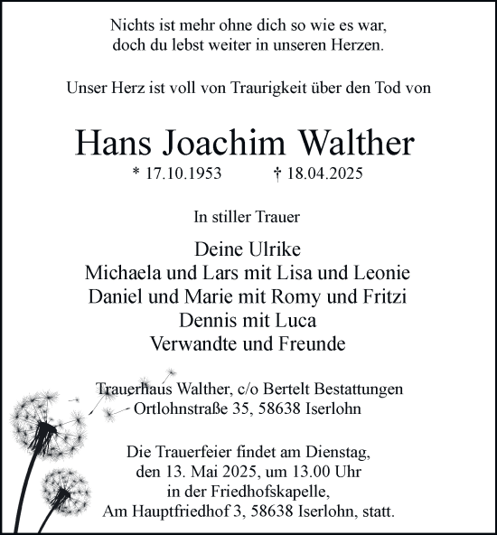 Traueranzeige von Hans Joachim Walther von Tageszeitung