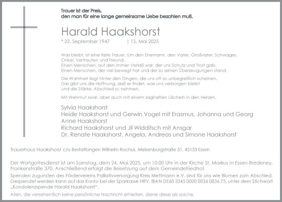 Traueranzeige von Harald Haakshorst von Tageszeitung