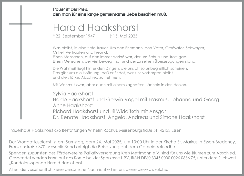  Traueranzeige für Harald Haakshorst vom 17.05.2025 aus Tageszeitung