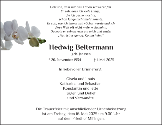 Traueranzeige von Hedwig Beltermann von Tageszeitung
