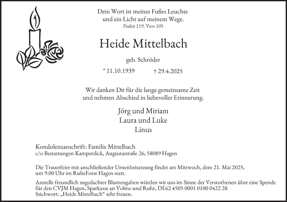  Traueranzeige für Heide Mittelbach vom 17.05.2025 aus Tageszeitung
