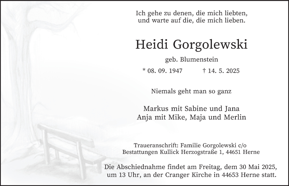  Traueranzeige für Heidi Gorgolewski vom 24.05.2025 aus Tageszeitung