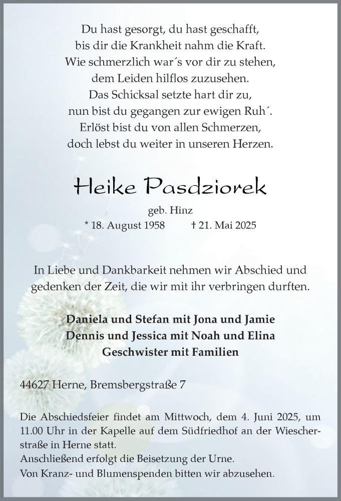  Traueranzeige für Heike Pasdziorek vom 31.05.2025 aus Tageszeitung