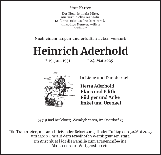 Traueranzeige von Heinrich Aderhold von Tageszeitung
