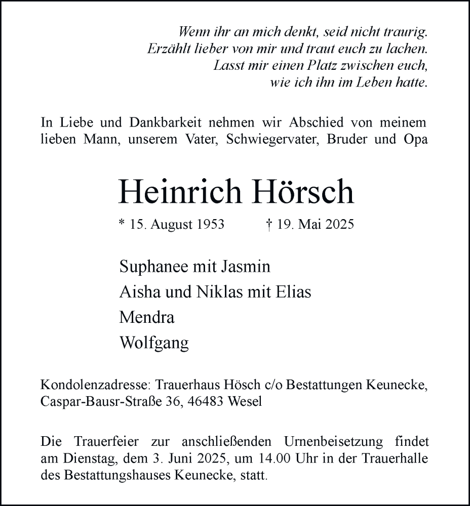  Traueranzeige für Heinrich Hörsch vom 31.05.2025 aus Tageszeitung