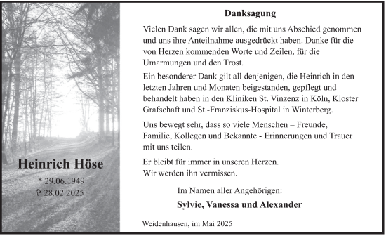Traueranzeige von Heinrich Höse von Tageszeitung