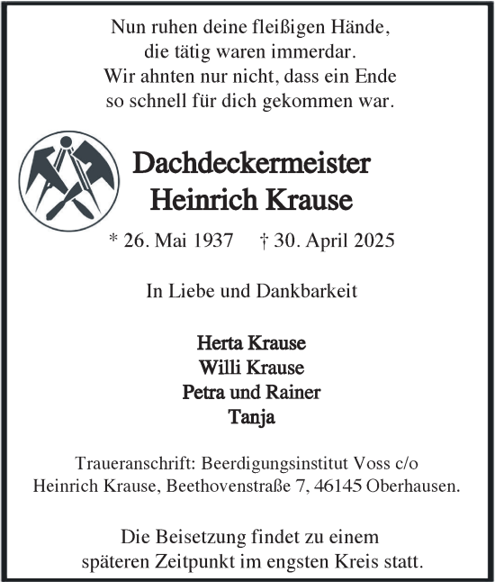 Traueranzeige von Heinrich Krause von Tageszeitung